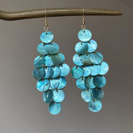 Lagoon blue shell tassel earrings with hook fitting