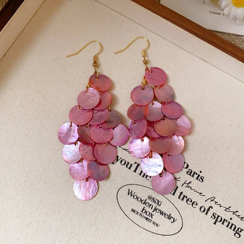 Rosa pink shell tassel earrings with hook fitting