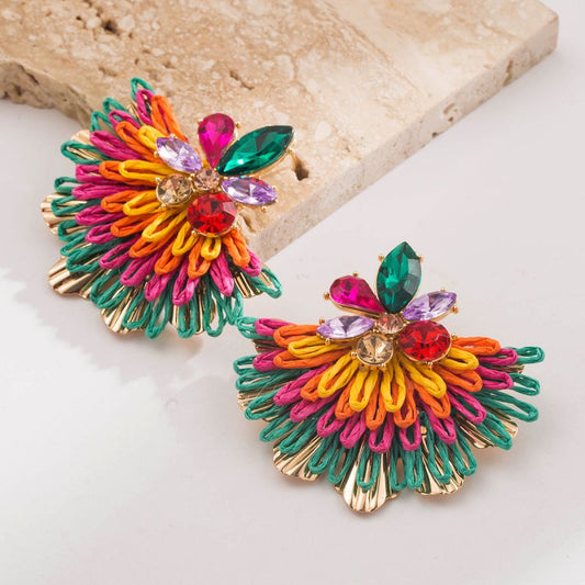 Palm green woven raffia fan earrings with rhinestones