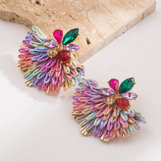 Fiesta multicolor woven raffia fan earrings with rhinestones