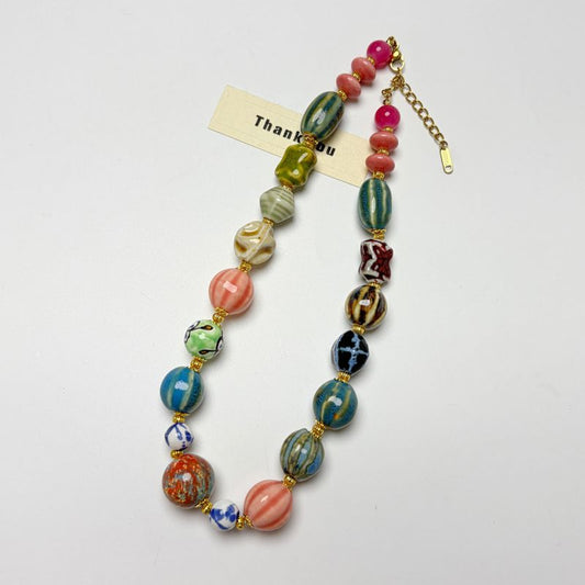 Hibiscus pink ceramic beaded necklace